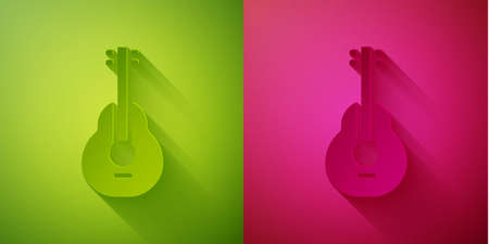Paper cut Mexican guitar icon isolated on green and pink background. Acoustic guitar. String musical instrument. Paper art style. Vectorのイラスト素材