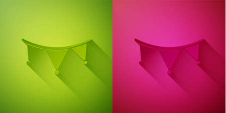 Paper cut Carnival garland with flags icon isolated on green and pink background. Party pennants for birthday celebration, festival decoration. Paper art style. Vectorのイラスト素材