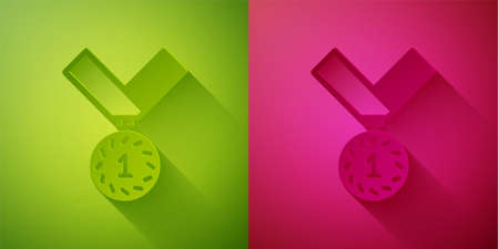 Paper cut Medal icon isolated on green and pink background. Winner symbol. Paper art style. Vectorのイラスト素材
