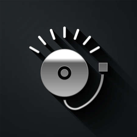 Silver Ringing alarm bell icon isolated on black background. Fire alarm system. Service bell,...