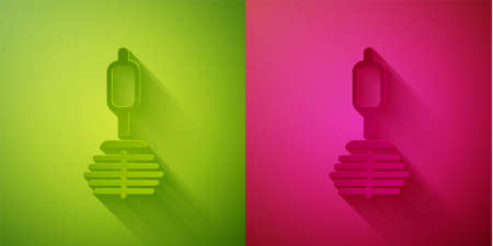 Paper cut Toilet brush icon isolated on green and pink background. Paper art style. Vectorのイラスト素材