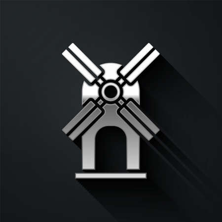 Silver Wind turbine icon isolated on black background. Wind generator sign. Windmill for electric power production. Long shadow style. Vectorのイラスト素材
