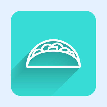 White line Taco with tortilla icon isolated with long shadow. Traditional mexican fast food menu. Green square button. Vectorのイラスト素材