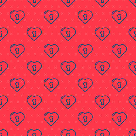 Blue line Heart with keyhole icon isolated seamless pattern on red background. Locked Heart. Love symbol and keyhole sign. Vectorのイラスト素材