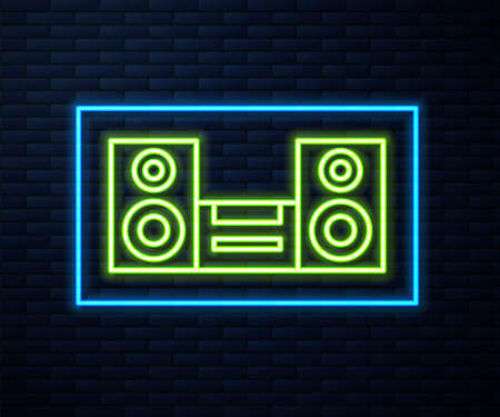 Glowing neon line Home stereo with two speaker s icon isolated on brick wall background. Music system. Vectorのイラスト素材