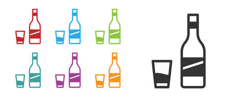 Black Bottle of vodka with glass icon isolated on white background. Set icons colorful. Vectorのイラスト素材