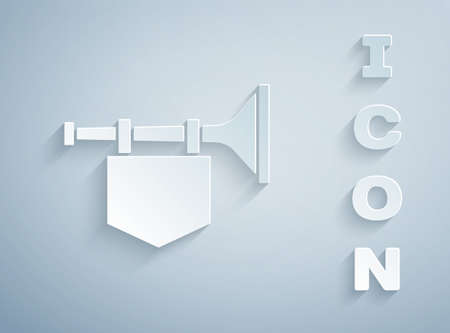 Paper cut Trumpet with flag icon isolated on grey background. Musical instrument trumpet. Paper art style. Vectorのイラスト素材
