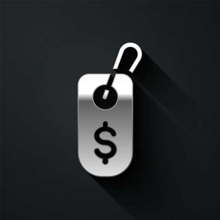 Silver Price tag with dollar icon isolated on black background. Badge for price. Sale with dollar symbol. Promo tag discount. Long shadow style. Vectorのイラスト素材