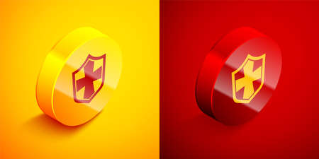 Isometric Shield icon isolated on orange and red background. Guard sign. Security, safety, protection, privacy concept. Circle button. Vectorのイラスト素材