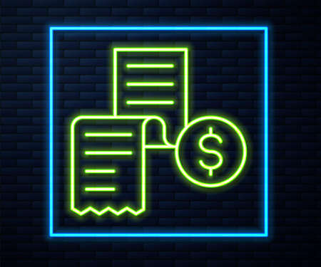 Glowing neon line Paper or financial check icon isolated on brick wall background. Paper print check, shop receipt or bill. Vectorのイラスト素材