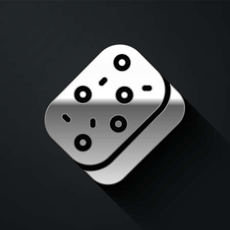 Silver Sponge with bubbles icon isolated on black background. Wisp of bast for washing dishes. Cleaning service logo. Long shadow style. Vectorのイラスト素材