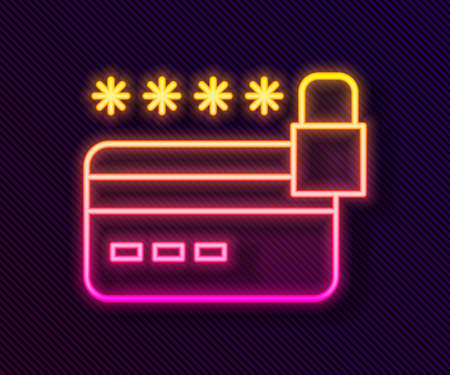 Glowing neon line Credit card with lock icon isolated on black background. Locked bank card. Security, safety, protection. Concept of a safe payment. Vectorのイラスト素材