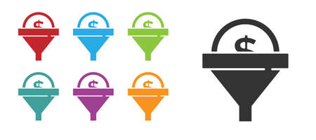 Black Lead management icon isolated on white background. Funnel with money. Target client business concept. Set icons colorful. Vectorのイラスト素材