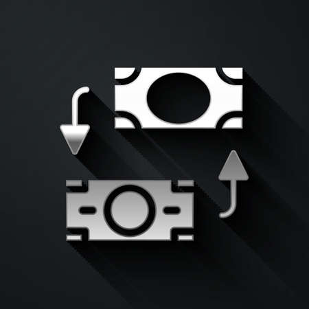 Silver Money exchange icon isolated on black background. Cash transfer symbol. Banking currency sign. Long shadow style. Vectorのイラスト素材