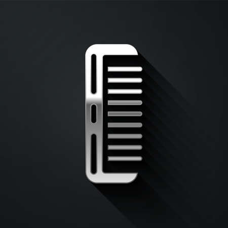 Silver Hairbrush icon isolated on black background. Comb hair sign. Barber symbol. Long shadow...