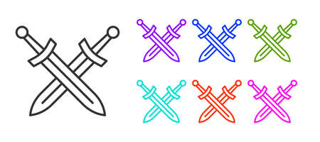 Black line Crossed medieval sword icon isolated on white background. Medieval weapon. Set icons colorful. Vectorのイラスト素材