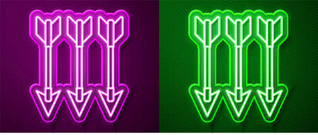 Glowing neon line Crossed arrows icon isolated on purple and green background. Vectorのイラスト素材