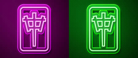 Glowing neon line Mahjong pieces icon isolated on purple and green background. Chinese mahjong red dragon game emoji. Vectorのイラスト素材