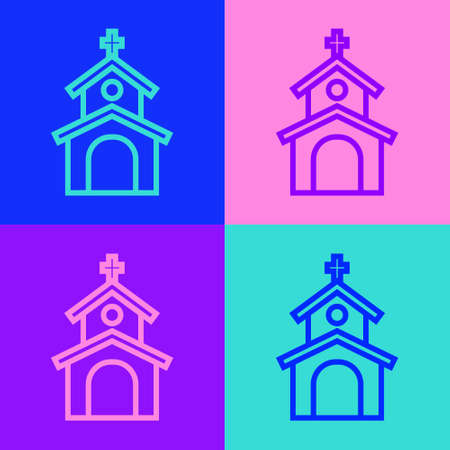 Pop art line Church building icon isolated on color background. Christian Church. Religion of church. Vectorのイラスト素材
