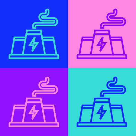 Pop art line Power station plant and factory icon isolated on color background. Energy industrial concept. Vectorのイラスト素材