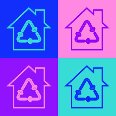 Pop art line Eco House with recycling symbol icon isolated on color background. Ecology home with recycle arrows. Vectorのイラスト素材