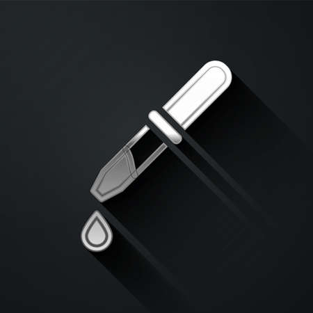 Silver Pipette icon isolated on black background. Element of medical, chemistry lab equipment. Pipette with drop. Medicine symbol. Long shadow style. Vectorのイラスト素材