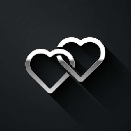Silver Two Linked Hearts icon isolated on black background. Romantic symbol linked, join, passion and wedding. Valentine day symbol. Long shadow style. Vectorのイラスト素材