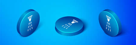 Isometric Fire sprinkler system icon isolated on blue background. Sprinkler, fire extinguisher solid icon. Blue circle button. Vectorのイラスト素材