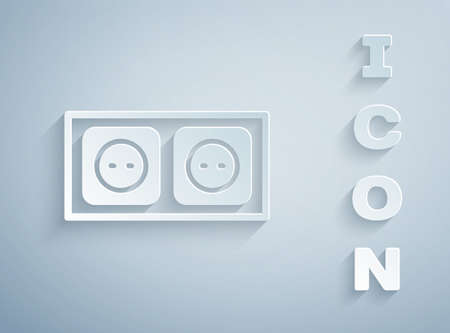 Paper cut Electrical outlet icon isolated on grey background. Power socket. Rosette symbol. Paper...