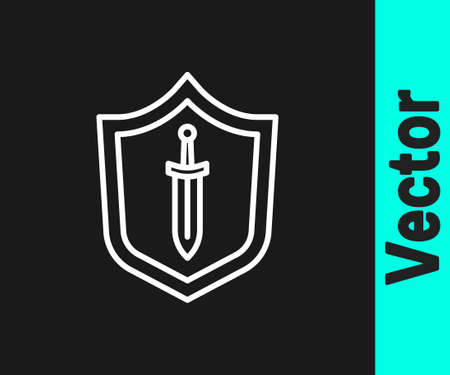 White line Medieval shield with sword icon isolated on black background. Vectorのイラスト素材