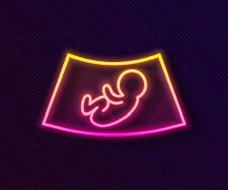 Glowing neon line Ultrasound of baby icon isolated on black background. Fetus. Vectorのイラスト素材