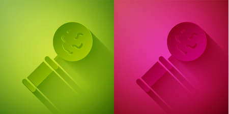 Paper cut Microorganisms under magnifier icon isolated on green and pink background. Bacteria and germs, cell cancer, microbe, virus, fungi. Paper art style. Vectorのイラスト素材