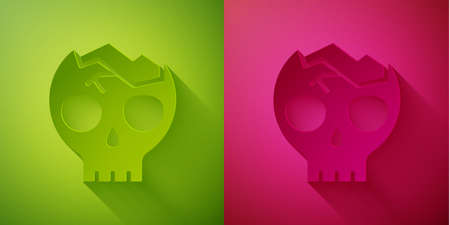 Paper cut Broken human skull icon isolated on green and pink background. Paper art style. Vectorのイラスト素材