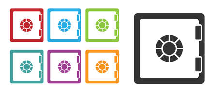 Black Safe icon isolated on white background. The door safe a bank vault with a combination lock. Reliable Data Protection. Set icons colorful. Vectorのイラスト素材