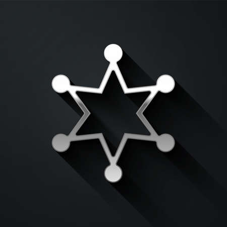Silver Hexagram sheriff icon isolated on black background. Police badge icon. Long shadow style. Vectorのイラスト素材