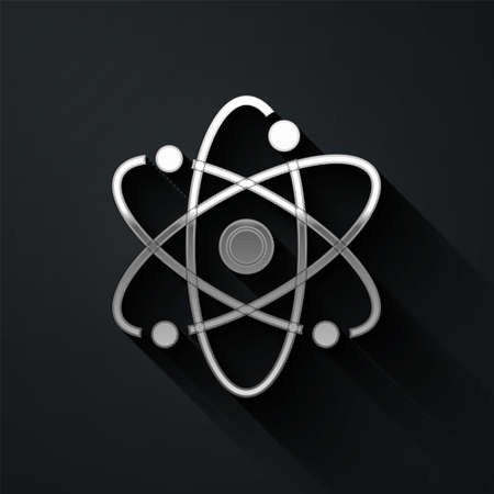 Silver Atom icon isolated on black background. Symbol of science, education, nuclear physics, scientific research. Long shadow style. Vectorのイラスト素材