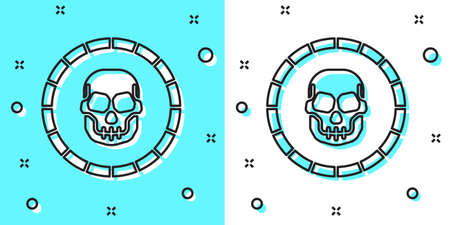 Black line Pirate coin icon isolated on green and white background. Random dynamic shapes. Vectorのイラスト素材
