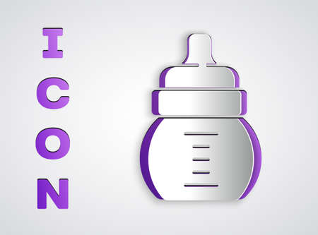 Paper cut Baby bottle icon isolated on grey background. Feeding bottle icon. Milk bottle sign. Paper art style. Vectorのイラスト素材
