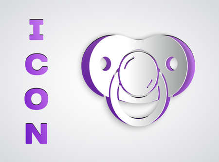 Paper cut Baby dummy pacifier icon isolated on grey background. Toy of a child. Paper art style. Vectorのイラスト素材