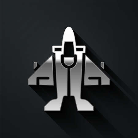 Silver Jet fighter icon isolated on black background. Military aircraft. Long shadow style. Vector