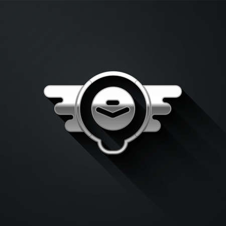 Silver Aviation emblem icon isolated on black background. Military and civil aviation icons. Flying emblem, eagle bird wing and winged frame. Long shadow style. Vectorのイラスト素材
