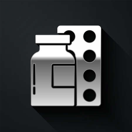 Silver Pills in blister pack icon isolated on black background. Medical drug package for tablet, vitamin, antibiotic, aspirin. Long shadow style. Vectorのイラスト素材