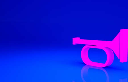 Pink Trumpet icon isolated on blue background. Musical instrument trumpet. Minimalism concept. 3d...