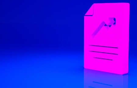 Pink Document with graph chart icon isolated on blue background. Report text file icon. Accounting sign. Audit, analysis, planning. Minimalism concept. 3d illustration 3D renderの写真素材