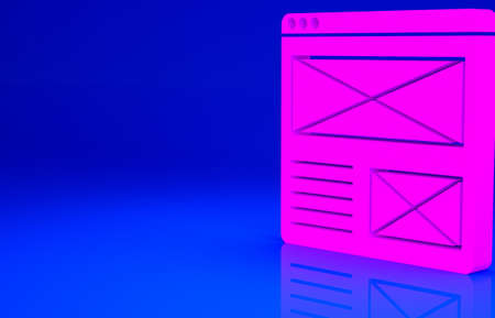 Pink Browser window icon isolated on blue background. Minimalism concept. 3d illustration 3D renderの写真素材