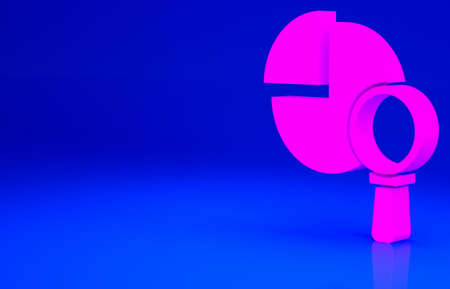 Pink Magnifying glass and data analysis icon isolated on blue background. Minimalism concept. 3d illustration 3D renderの写真素材