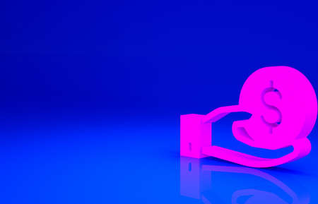 Pink Human hand giving money icon isolated on blue background. Receiving money icon. Minimalism concept. 3d illustration 3D renderの写真素材