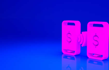 Pink Money payment transfer in mobile icon isolated on blue background. Concept of fast pay by purchase. Sending and receiving money. Minimalism concept. 3d illustration 3D renderの写真素材