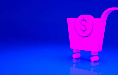 Pink Shopping cart and dollar symbol icon isolated on blue background. Online buying concept. Delivery service. Supermarket basket. Minimalism concept. 3d illustration 3D renderの写真素材