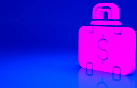 Pink Briefcase and money icon isolated on blue background. Business case sign. Business portfolio. Minimalism concept. 3d illustration 3D renderの写真素材